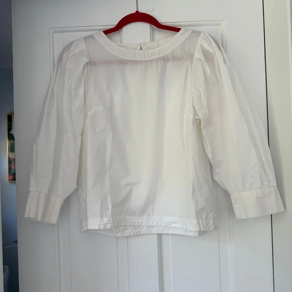 Anthropologie Maeve White Puff Sleeve Back Keyhole 3/4 Sleeve Blouse, Size Small